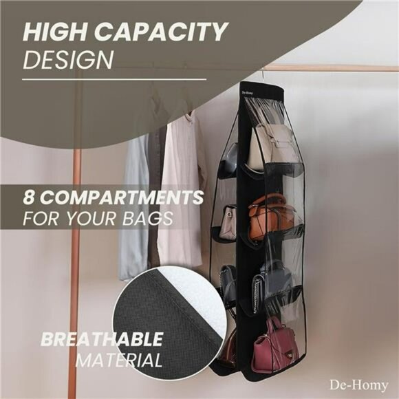 Handbag Organizer 2 Pack Closet Purse Hanger Storage with Clear Pockets Black - Picture 6 of 7